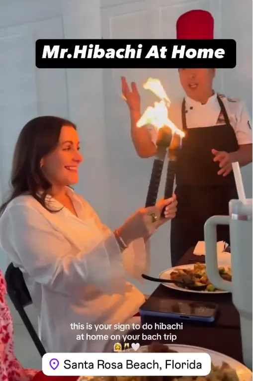 Guest reacting to the hibachi chef’s flame trick in Santa Rosa Beach