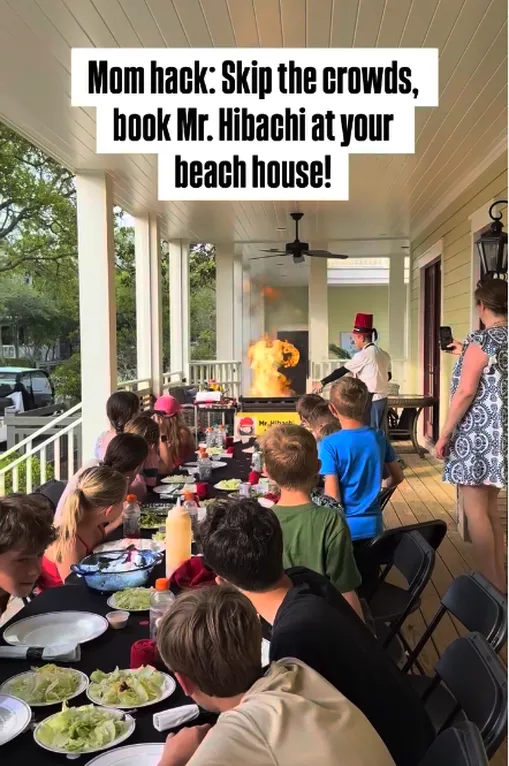 Kids eating at a hibachi dinner on a beach house porch