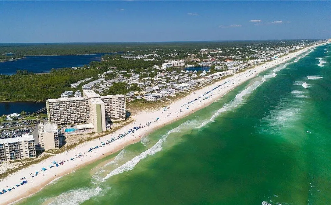 Aerial view of the Panama City Beach coastline and condos