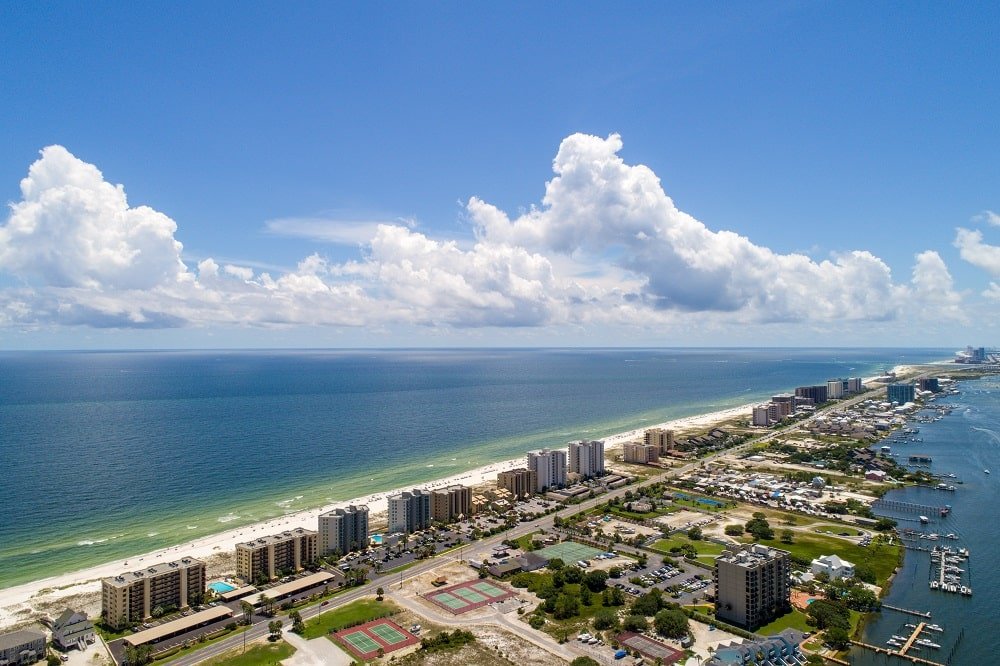 Aerial view of Pensacola Beach and the Gulf coastline